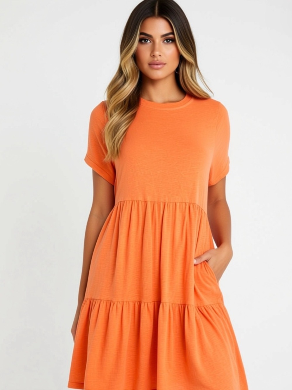 Casual Tiered T-Shirt distressed Dress in color Orange